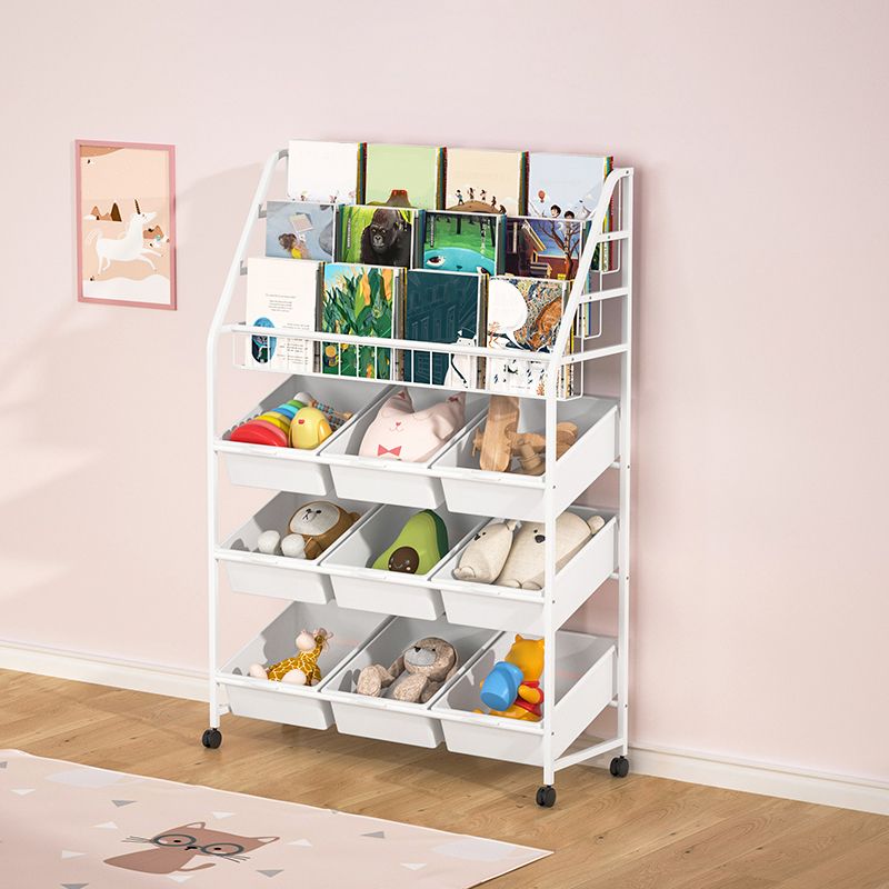 White Bookshelf Contemporary Style Bookcase for Study Room with Casters