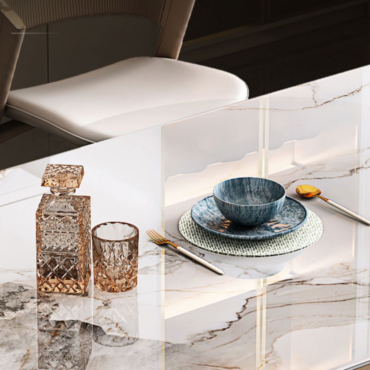 Hochglänzender weißer Stein -Esstisch Set für das Haus 02.01.5.