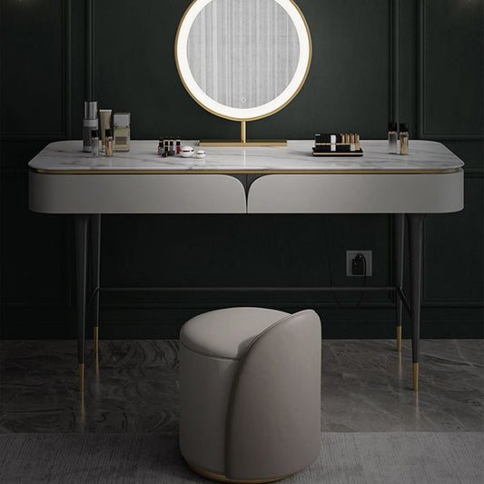 39.37" Wide Vanity Set with Stool Stone Top Makeup Vanity Table in White