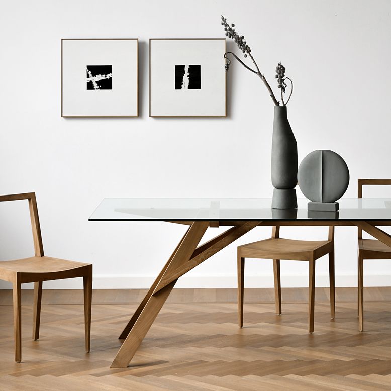 Table à manger en verre en verre moderne avec base en bois massif