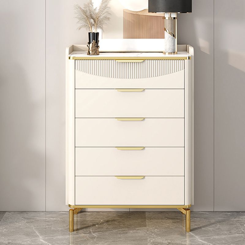 Cómoda de piedra para dormitorio Glam White con patas de metal