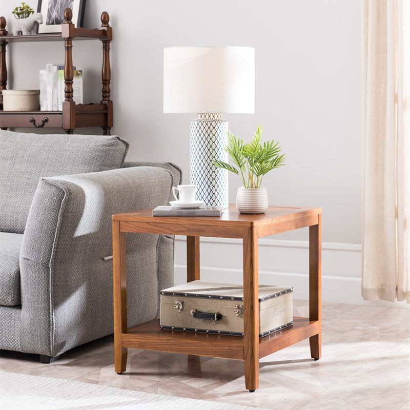 Farmhouse Square Wood Top End Table Double Tier Sofa Side Table with Storage