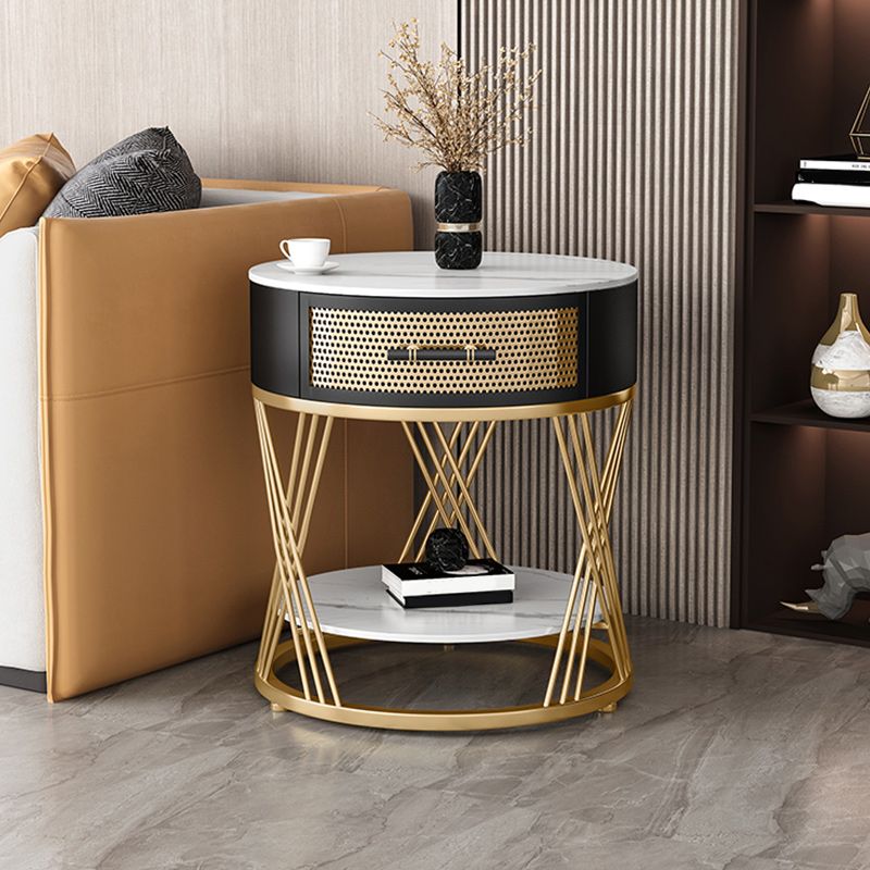 Drawer Side Accent Table Stone Top Metal Frame End Table with Shelf Clearhalo 'Coffee & Accent Tables' 'End & Side Tables' 'end_side_tables' 'furn' 'furn_end_side_tables' 'Furniture' 'Living Room Furniture' 1200x1200_2443d1b5-d66c-4228-9d52-e39a32679ef4