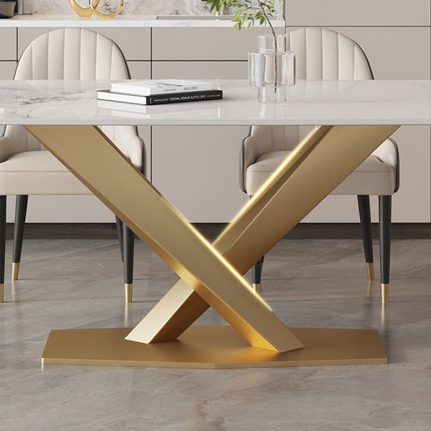 Moderne witte rechthoekige stenen eettafel met metalen voetstuk