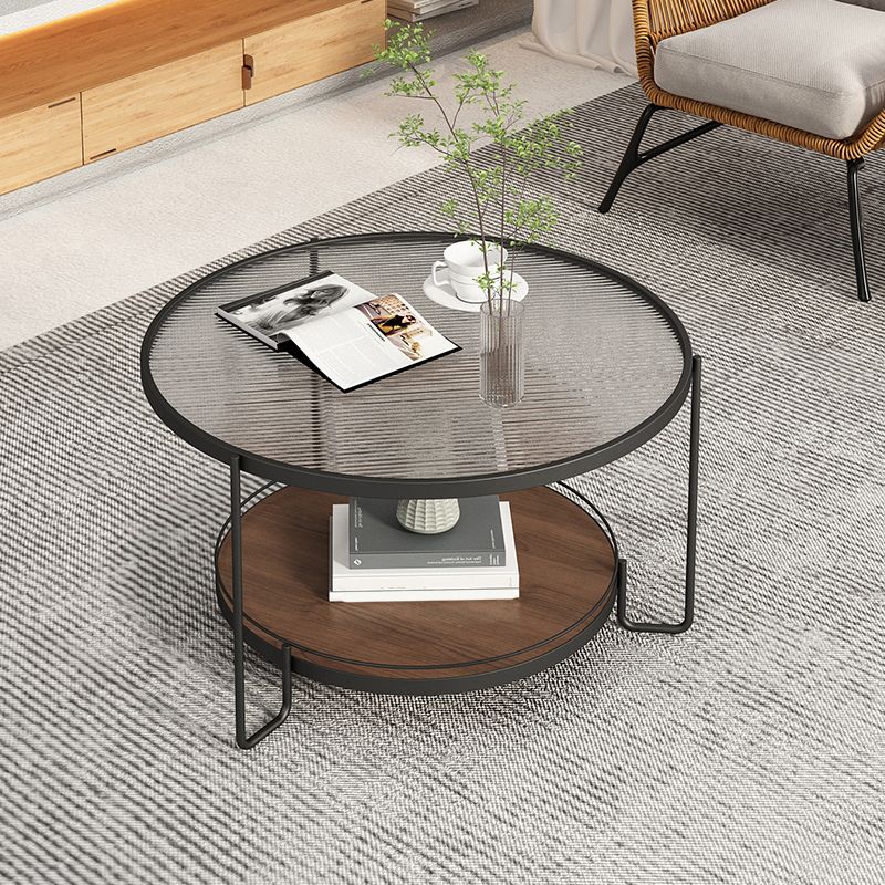 Table basse ronde en verre de 17,7 po de hauteur, table de cocktail à 3 pieds en fer avec étagère