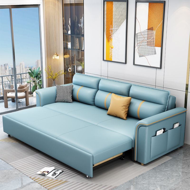 Faux Leather Sofa Bed with Pillows Sofa in Azure with Storage Clearhalo 'furn' 'furn_futons' 'Furniture' 'Futons & Daybeds' 'Futons' 'Living Room Furniture' 1200x1200_24a55086-936c-48f4-a43b-1455550d0dd0