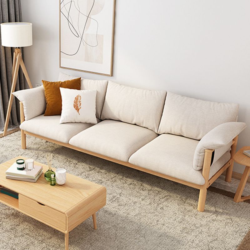 Divano a braccio quadrato moderno di lino beige divano standard in legno per soggiorno
