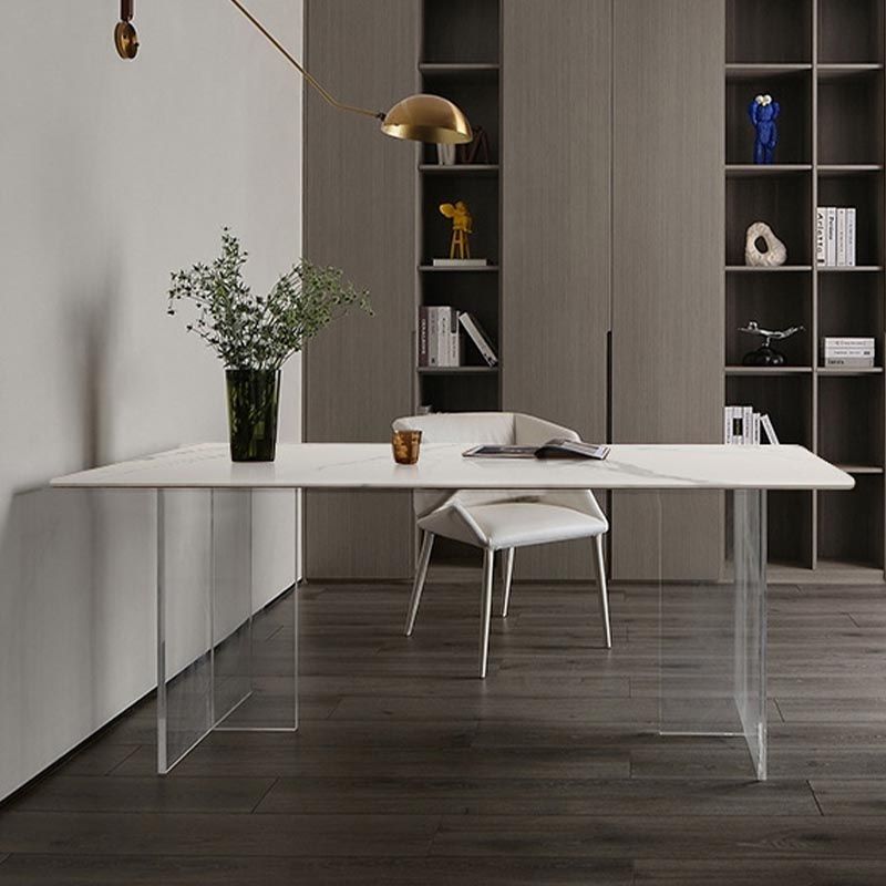 Table à manger à double piédestal en pierre moderne table rectangle blanc pour cuisine