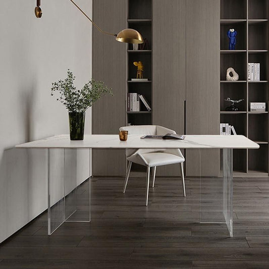 Modern Stone Double Pedestal Dining Table White Rectangle Table for Kitchen