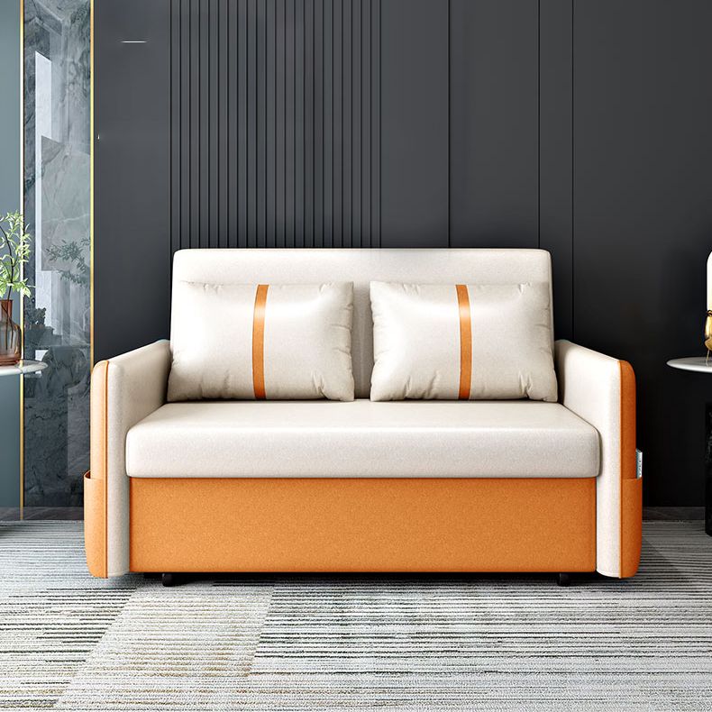 Convertible Stain Resistant Sofa Bed Faux Leather Seating in Orange and Beige