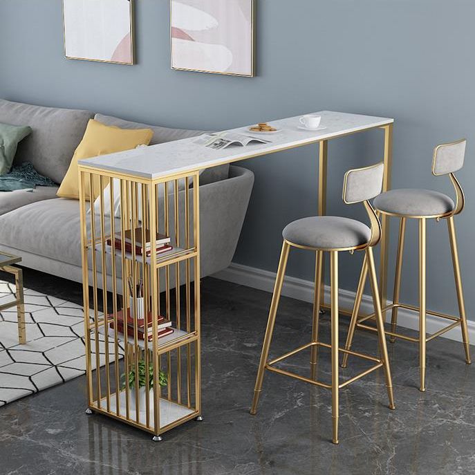 Glam Rectangle Faux Marble Bistro Table Iron Double Pedestal Bar Dining Table, Only Table Clearhalo 'Bar Furniture' 'Bar Tables' 'bar_tables' 'furn' 'furn_bar_tables' 'Furniture' 'furniture_bar_tables' 'Kitchen & Dining Furniture' 1200x1200_250f5178-c181-4489-b57c-434005eed38a