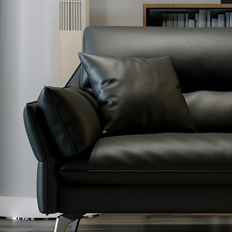 Schwarzes Sofa aus echtem Leder, Mid-Century Modern, Pillow-Top-Arm-Sofa – 33,5" H