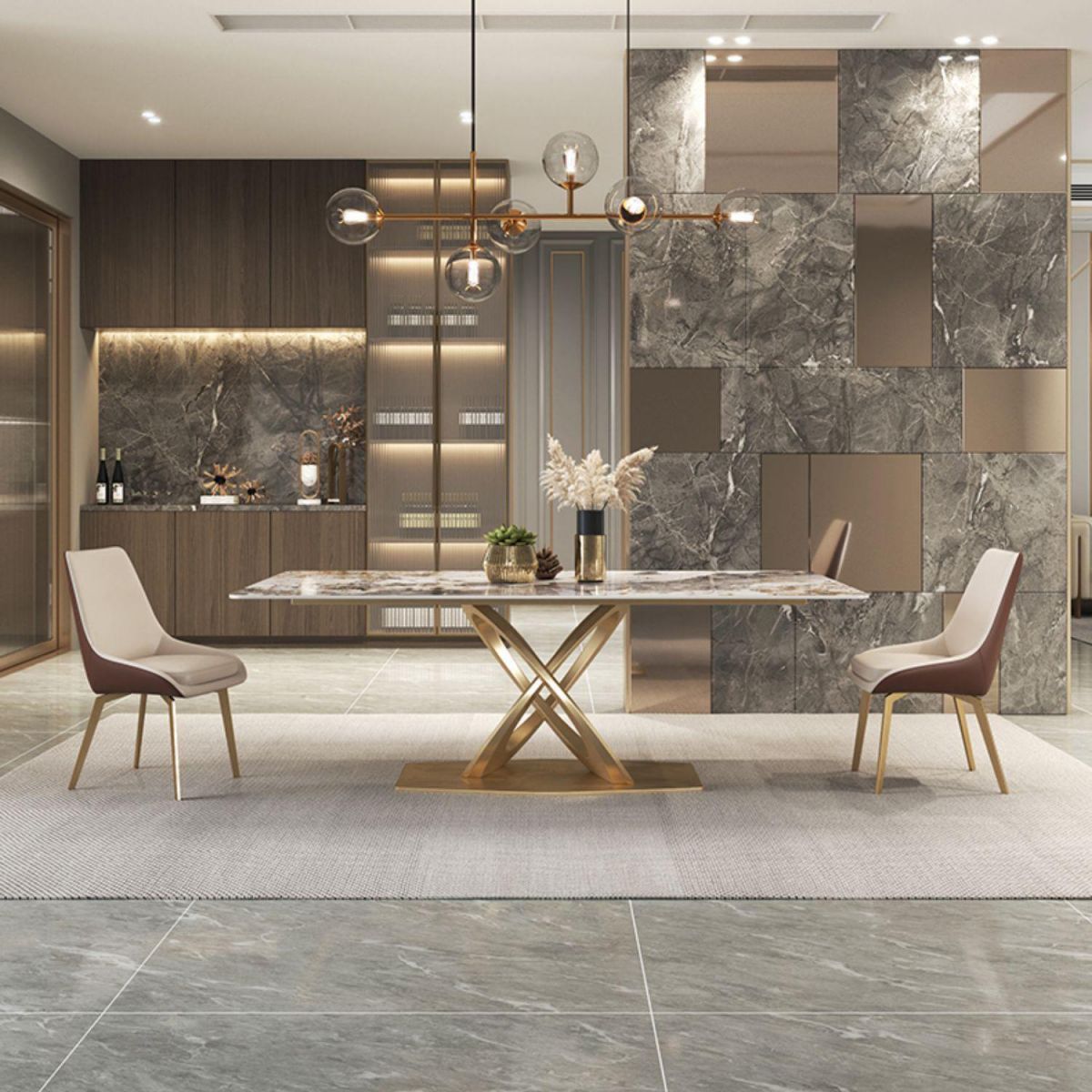 Set di tavoli da pranzo beige lucido 1/2/5/7 PC glam dinette con sedie in pelle