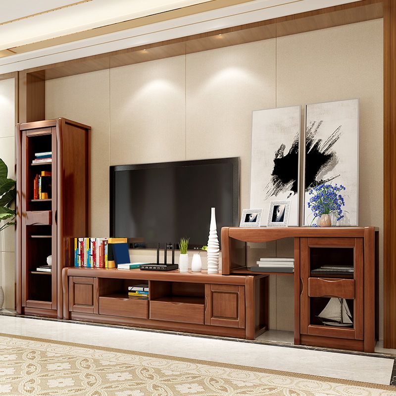 Support multimédia TV traditionnel en bois d'hévéa, étagère ouverte, console avec tiroirs