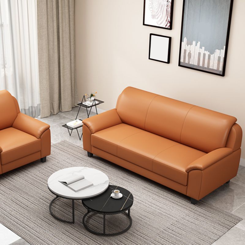 コンテンポラリーフェイクレザーソファウッドフレームピロートップアームソファ