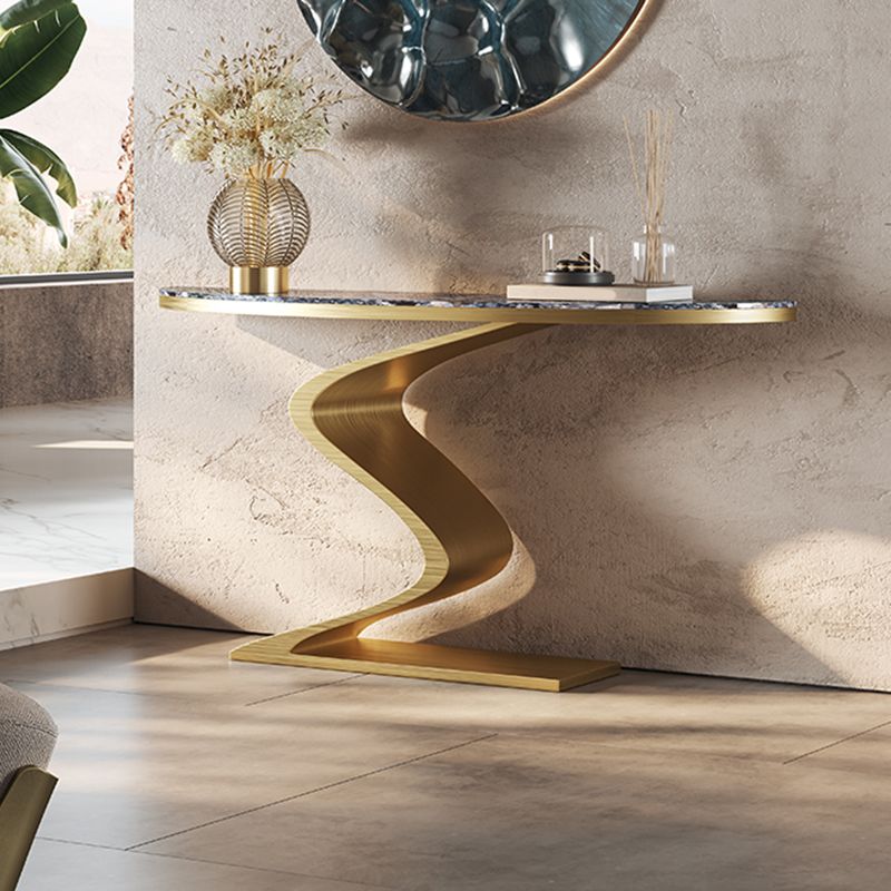 Glam Golden Console Accent Table with Half Moon Stone for Hall