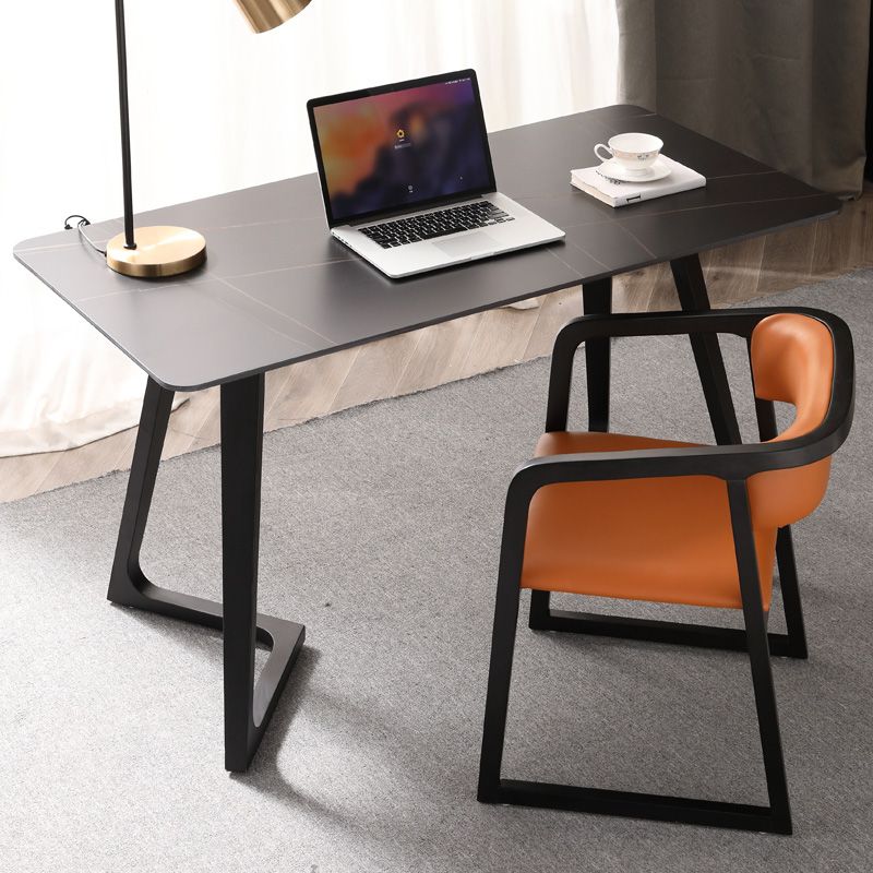 Black Rectangular Office Desk with Black Metal Base Modern Desk Clearhalo 'furn' 'furn_office_desk' 'Furniture' 'Office Desks' 'Office Furniture' 'office_desk' 1200x1200_25767b58-21c1-45b4-b227-5d221fb008d7