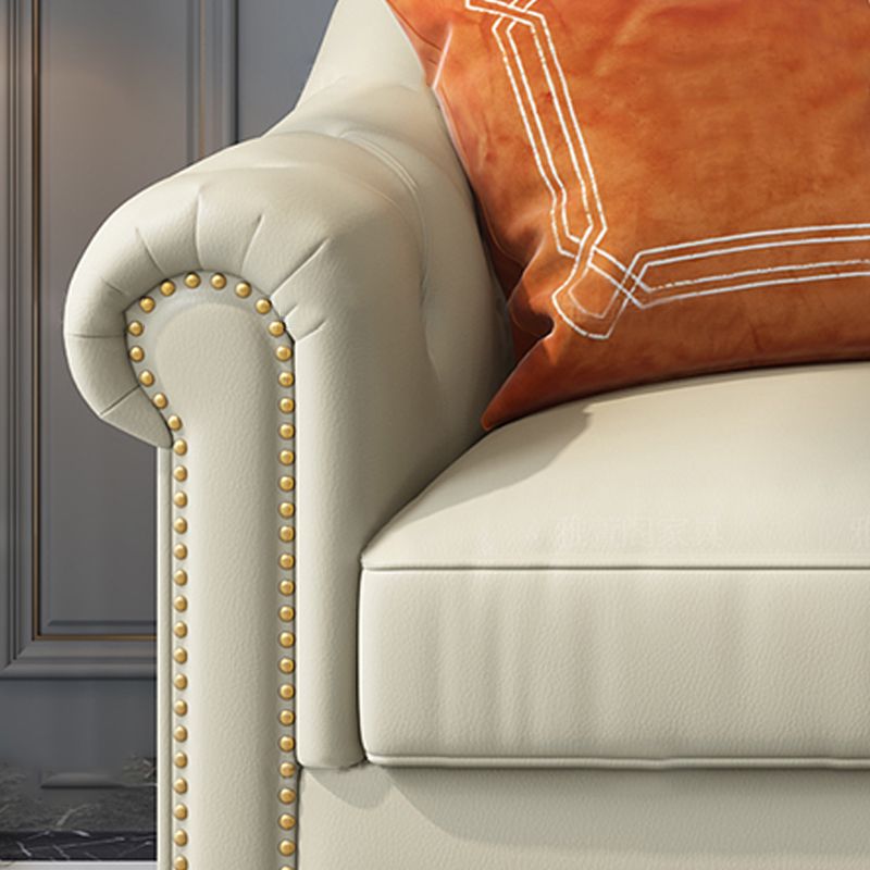 Beige 34.65" H Rolled Arm Glam Sofa with Nailhead Trim for Living Room Clearhalo 'furn' 'furn_sofas' 'Furniture' 'furniture_sofas' 'kitchen' 'kitchen_sofas' 'Living Room Furniture' 'Sofa' 'sofas' 1200x1200_258256f6-068d-433e-b561-87ff4eadbd9b