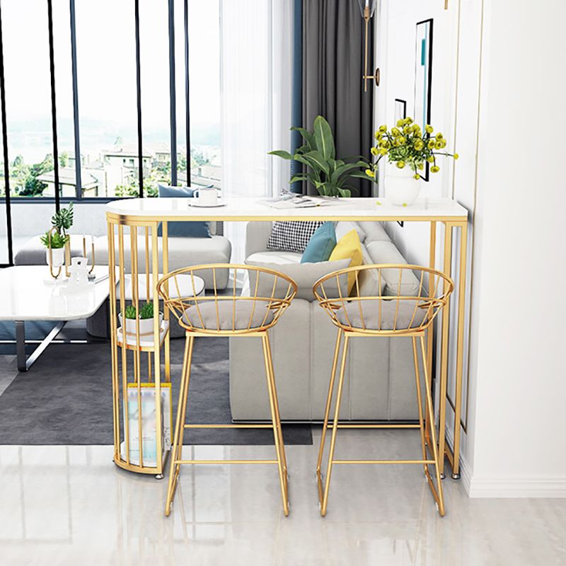 Glam White Faux Marble Pub Bar Table Gold Iron Double Pedestal Bar Dining Table with Shelf Clearhalo 'Bar Furniture' 'Bar Tables' 'bar_tables' 'furn' 'furn_bar_tables' 'Furniture' 'furniture_bar_tables' 'Kitchen & Dining Furniture' 1200x1200_25d0d465-7e80-4c13-a38e-2ed60e58fc55