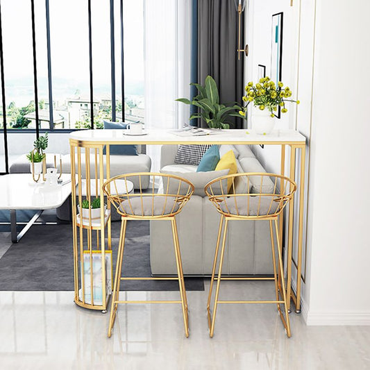 Glam White Faux Marble Pub Bar Table Gold Iron Double Pedestal Bar Dining Table with Shelf Clearhalo 'Bar Furniture' 'Bar Tables' 'bar_tables' 'furn' 'furn_bar_tables' 'Furniture' 'furniture_bar_tables' 'Kitchen & Dining Furniture' 1200x1200_25d0d465-7e80-4c13-a38e-2ed60e58fc55