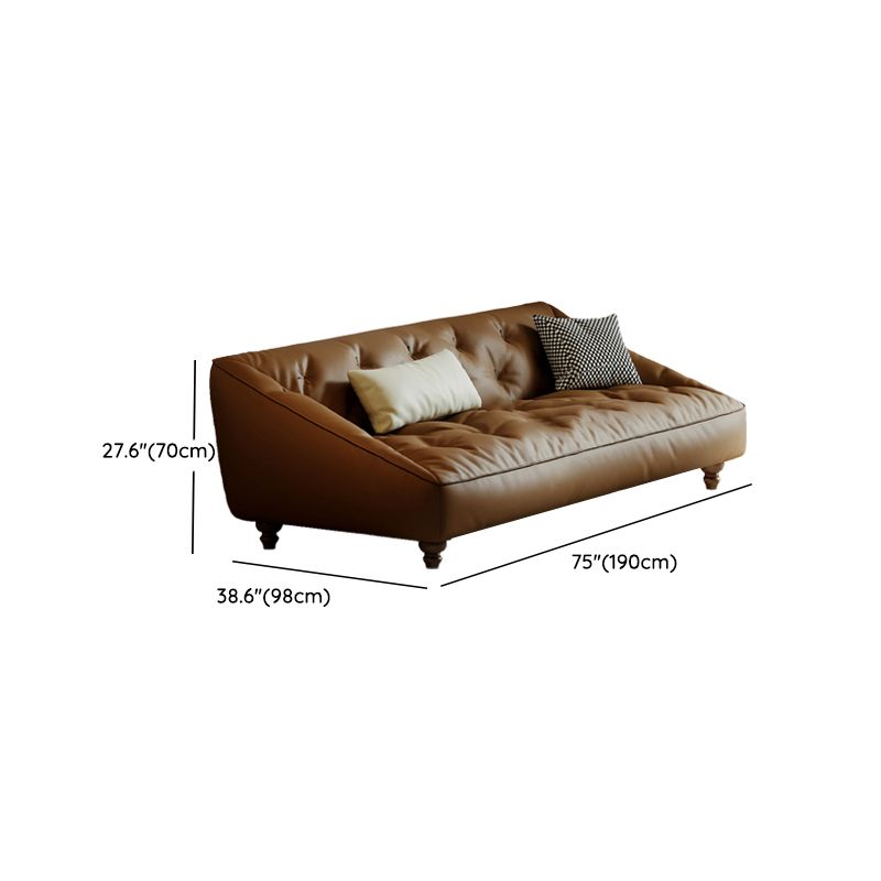 Mid-Century Modern Sloped Arm Sofa Tufted Genuine Leather Sofa in Brown
