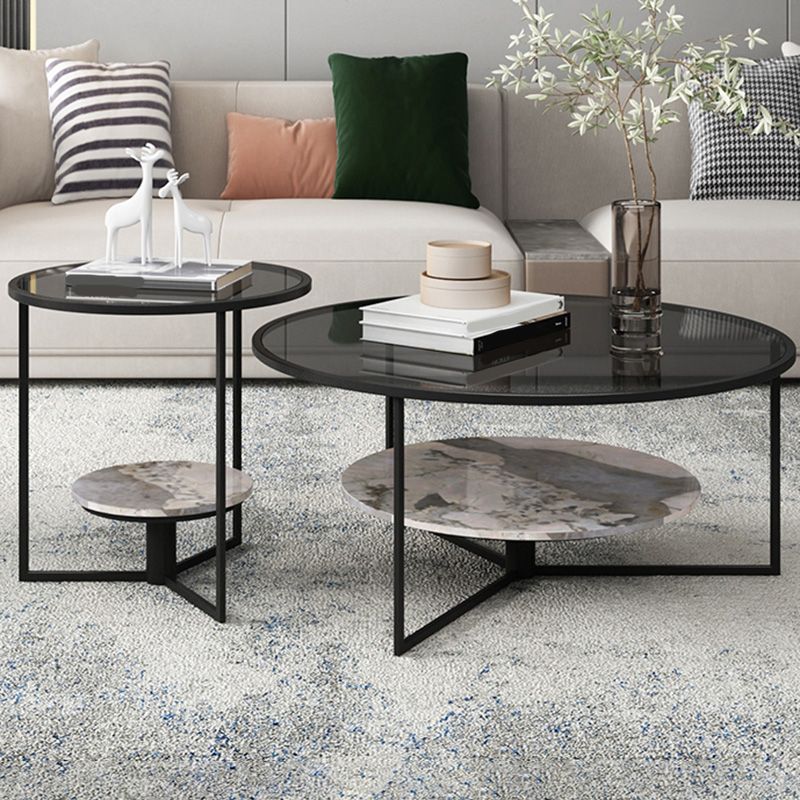 Contemporary Coffee Table Round Glass Top Cocktail Table with Storage Clearhalo 'Coffee & Accent Tables' 'Coffee Tables' 'coffee_tables' 'furn' 'furn_coffee_tables' 'Furniture' 'Living Room Furniture' 1200x1200_26039277-29bc-4950-9238-3e7cf2abde4b