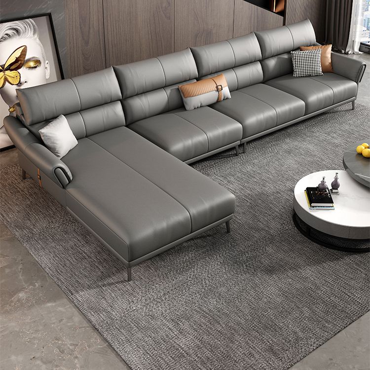 Light-grey Sewn Pillow Back Faux Leather Pillow Top Arm Sofa with Stain Resistant Clearhalo 'furn' 'furn_sectionals' 'Furniture' 'furniture_sectionals' 'kitchen' 'kitchen_sectionals' 'Living Room Furniture' 'Sectionals' 1200x1200_262f158f-9f26-480d-b21f-7188c323f7bf