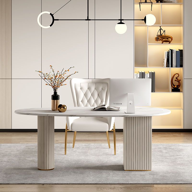 Irregular Shape Office Desk White Office Writing Desk with Metal Legs with 3-drawer Clearhalo 'furn' 'furn_office_desk' 'Furniture' 'Office Desks' 'Office Furniture' 'office_desk' 1200x1200_266da1c9-5249-48e0-92b9-3def5cbc6c71