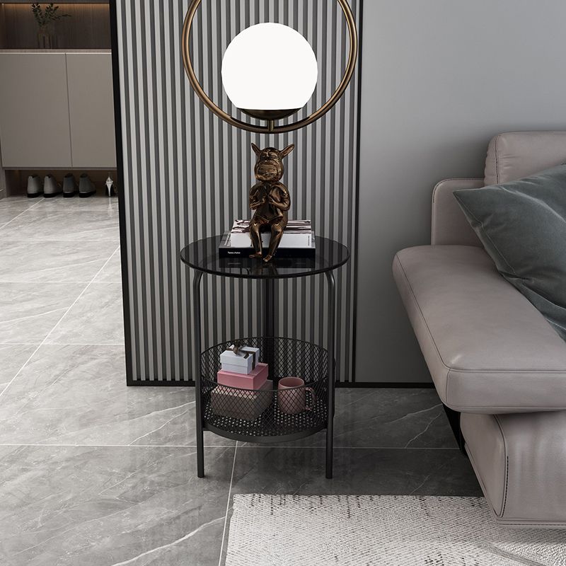 23.6" Tall Modern Round Glass Top Side Table Iron 3 Legs End Table with Storage