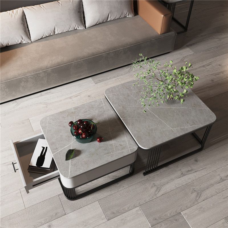 Square Slate Top Coffee Table with Drawers Frame Base 2 Nestling Cocktail Table Clearhalo 'Coffee & Accent Tables' 'Coffee Tables' 'coffee_tables' 'furn' 'furn_coffee_tables' 'Furniture' 'furniture_coffee_tables' 'Living Room Furniture' 1200x1200_26b4d984-c63b-47a7-9322-44254404dae6