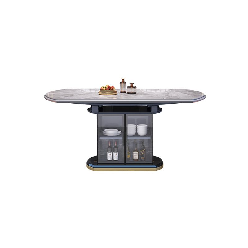 Modern Round Stone Top Dining Table Double Pedestal Metal Base in Grey