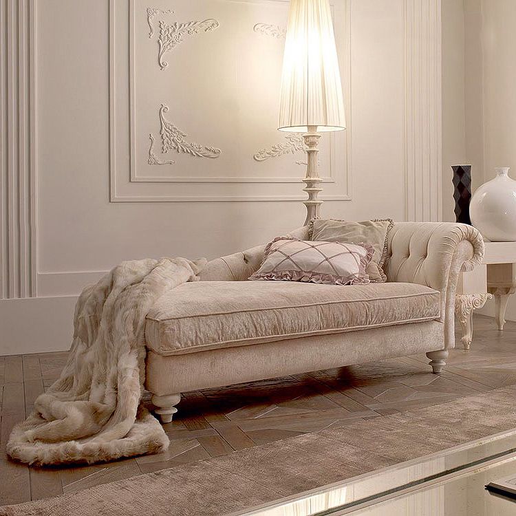 French Country Beige Chaise Lounge with Chenille for Bedroom and Living Room