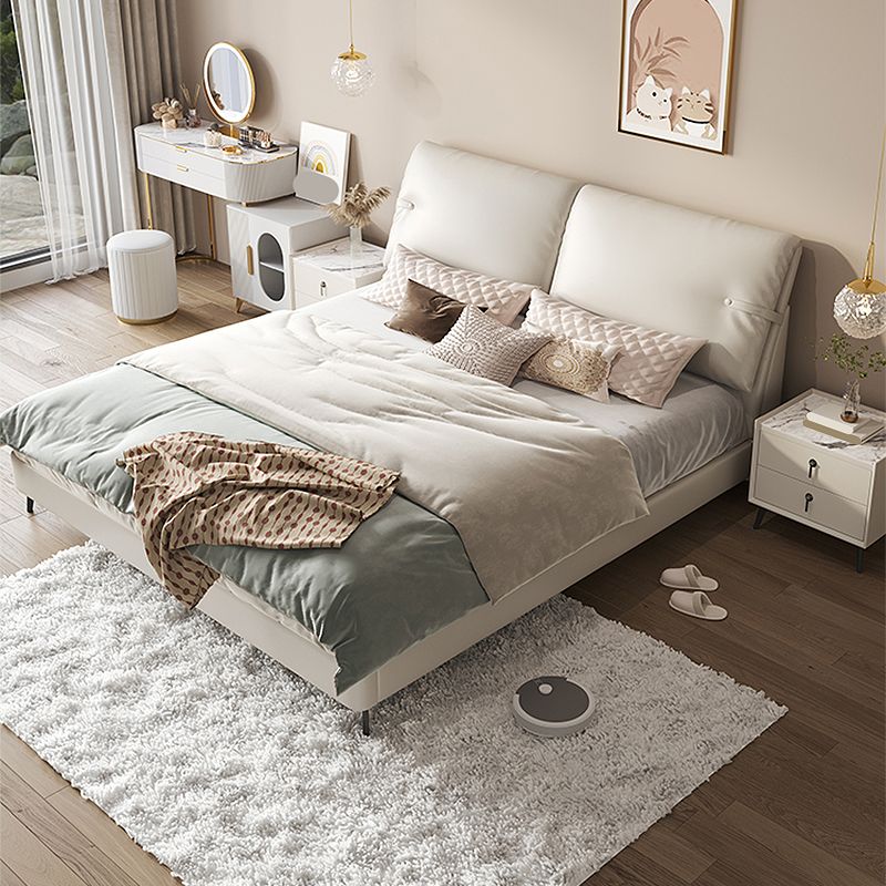 Cama moderna de la cama de cuero genuino de cuero cama de panel de madera de pino con cabecera tapizada