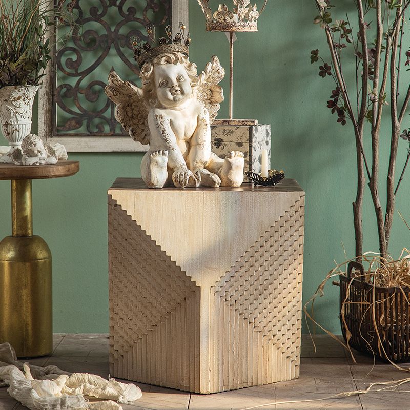 Solid Wood Drum End Table Rustic Engraved Design Accent Side Table