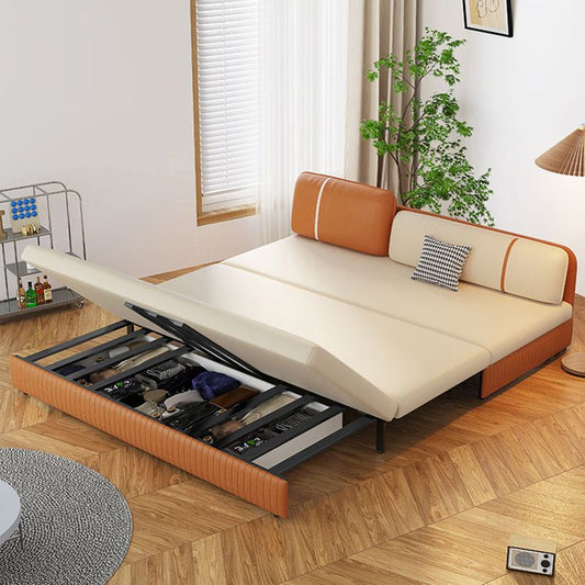 Faux Leather Convertible Sofa Bed Stain Resistant Seating in Beige and Orange
