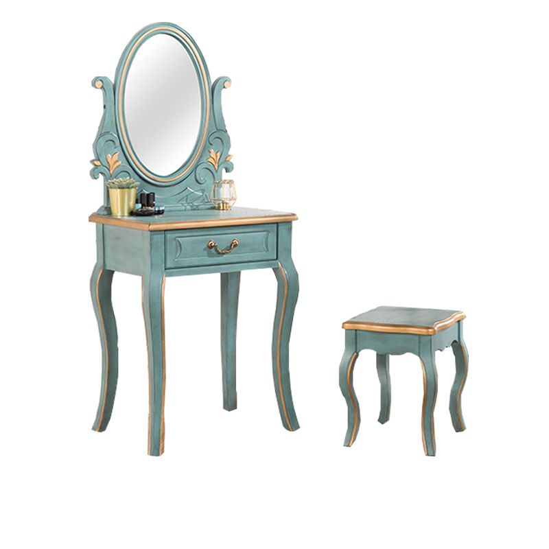 Vanity di trucco vittoriano con cassetto e specchio, tavolo da toeletta in legno massiccio