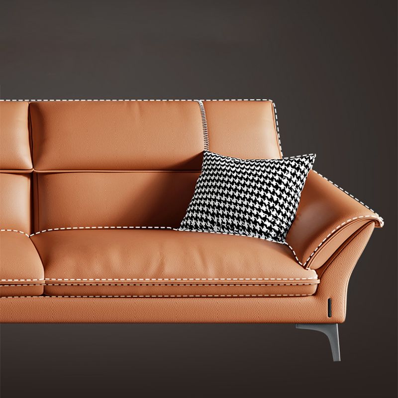 Contemporary Tan Leather Sectional Pillow Top Arm Sofa and Chaise for Living Room Clearhalo 'furn' 'furn_sectionals' 'Furniture' 'furniture_sectionals' 'kitchen' 'kitchen_sectionals' 'Living Room Furniture' 'Sectionals' 1200x1200_2730c91a-26d8-43b0-aaed-d84f0a58d33a