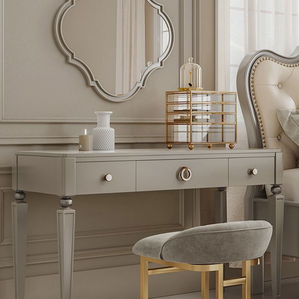 Tavolo da scrivania per trucco a 3 cassetti in legno massiccio grigio con set di sgabelli