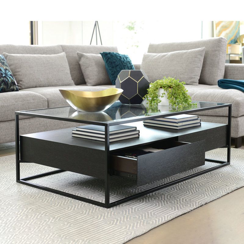 17.7" H Modern Rectangle Glass Coffee Table Metal Frame Cocktail Table with Storage Clearhalo 'Coffee & Accent Tables' 'Coffee Tables' 'coffee_tables' 'furn' 'furn_coffee_tables' 'Furniture' 'Living Room Furniture' 1200x1200_2778044e-07f7-4752-ae56-417636fe32c8