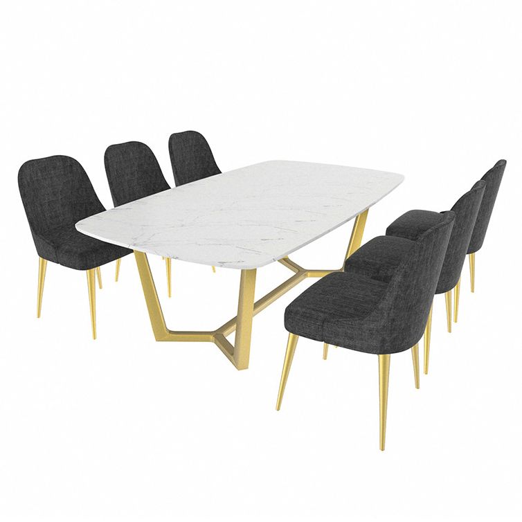 Rectangle White Sintered Stone Top Table Trestle Base Dining Table, Metal in Gold Clearhalo ' dining_table' 'Dining Tables & Seating' 'Dining Tables' 'furn' 'furn_dining_table' 'Furniture' 'furniture_dining_table' 'Kitchen & Dining Furniture' 'kitchen&dining_furn' 'kitchen' 'kitchen_dining_table' 1200x1200_277c97cf-d19a-492a-a2c6-6428ec18e457