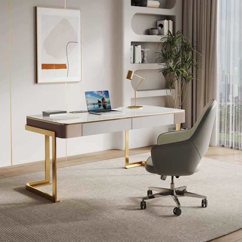 Modern Stone Office Desk Rectangular Shape Task Desk with 2-Drawers in White/Grey Clearhalo 'furn' 'furn_office_desk' 'Furniture' 'Office Desks' 'Office Furniture' 'office_desk' 1200x1200_2788e8f3-f3e6-44ce-810b-d89c21ce4213