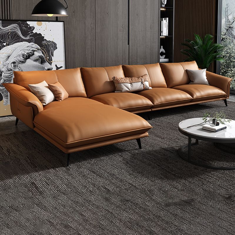 Orange Sponge Padded Leather Sofa with Pillow Back and Flared Armrest Sectional Clearhalo 'furn' 'furn_sectionals' 'Furniture' 'furniture_sectionals' 'Living Room Furniture' 'Sectionals' 1200x1200_27919f0a-6c38-476e-a2d3-ec6fb9c34125