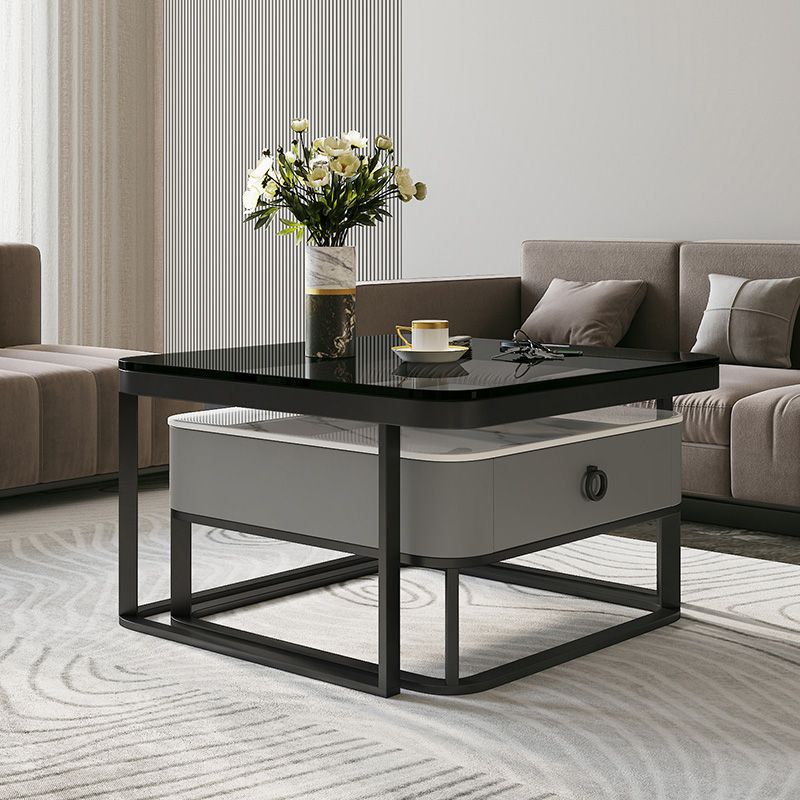 Table basse avec plateau en verre/ardoise, cadre contemporain, table de cocktail avec tiroirs