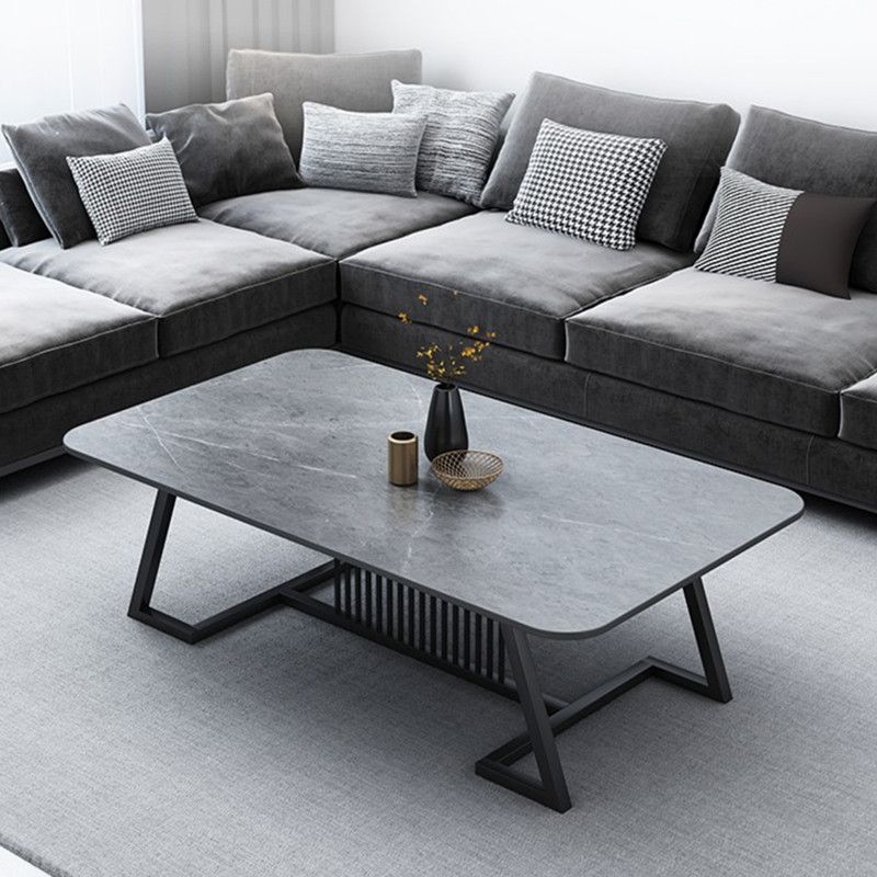Rectangle Stone Top Coffee Table with Black Metal Trestle Base Clearhalo 'Coffee & Accent Tables' 'Coffee Tables' 'coffee_tables' 'furn' 'furn_coffee_tables' 'Furniture' 'Living Room Furniture' 1200x1200_27b5f2fa-03c8-4c5c-a051-451a9c73343f