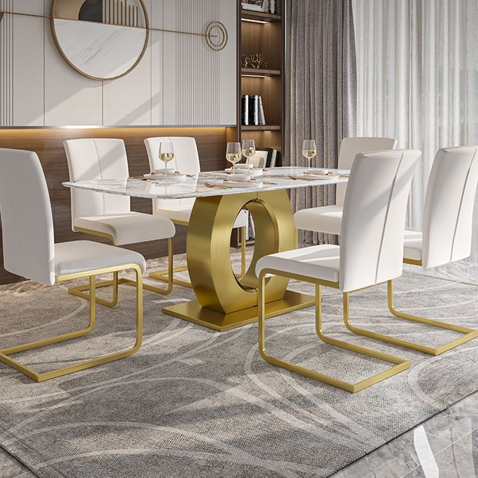 Luxury Sintered Stone Dining Table Rectangle White Table with Metal Pedestal in Gold Clearhalo ' dining_table' 'Dining Tables & Seating' 'Dining Tables' 'furn' 'furn_dining_table' 'Furniture' 'furniture_dining_table' 'Kitchen & Dining Furniture' 'kitchen&dining_furn' 'kitchen' 'kitchen_dining_table' 1200x1200_27c60c69-ca97-49ea-8336-be287871f194