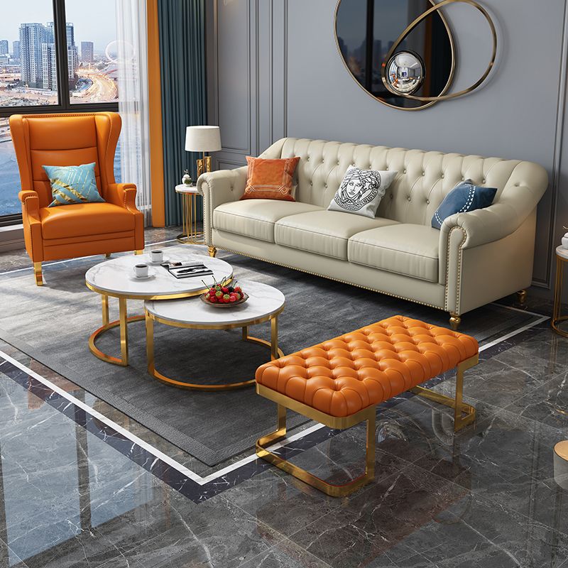 Beige 34.65" H Rolled Arm Glam Sofa with Nailhead Trim for Living Room Clearhalo 'furn' 'furn_sofas' 'Furniture' 'furniture_sofas' 'kitchen' 'kitchen_sofas' 'Living Room Furniture' 'Sofa' 'sofas' 1200x1200_27d29ee0-fd4e-499a-8881-8b62a7172714