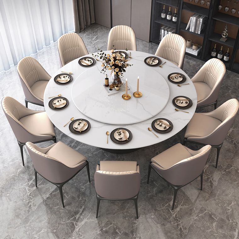 Modern Round Dining Table White and Black Metal Base Convertible Dining Table