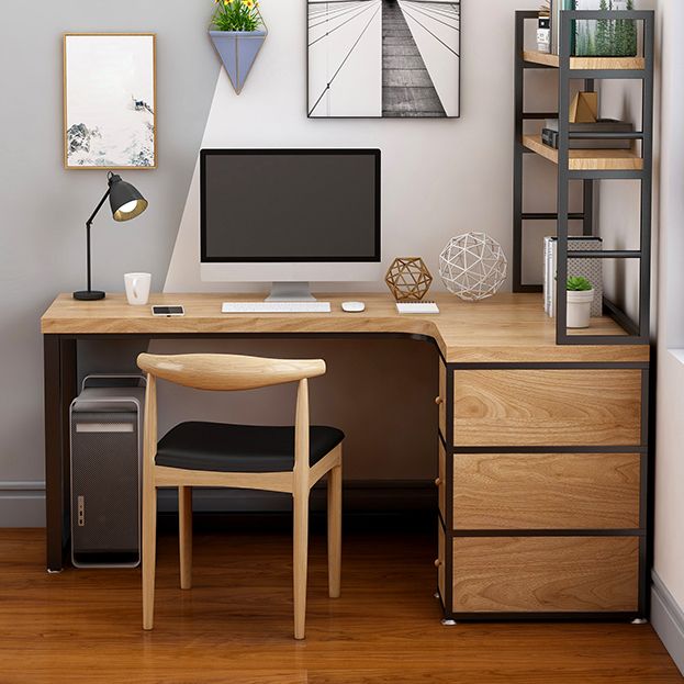 Corner Pine Wood Writing Desk Contemporary H-Shape Base Desk with Shelf Clearhalo 'furn' 'furn_office_desk' 'Furniture' 'Office Desks' 'Office Furniture' 'office_desk' 1200x1200_28055bcb-1c5d-4a25-92e4-0d7c35a41e2a