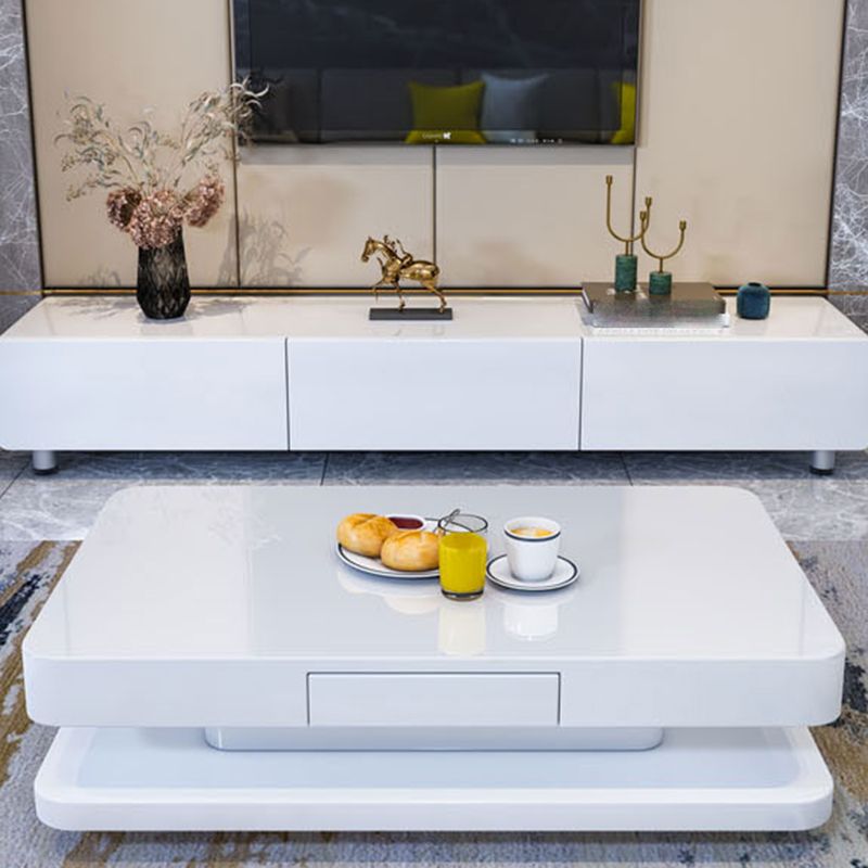 Rectangular White Glass/Wood Coffee Table Block 1 Single Cocktail Table with Drawer