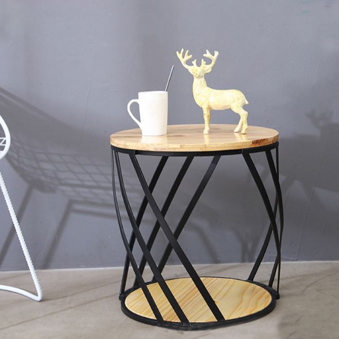 Drum End Table with Storage Solid Wood Round Top and Metal Base Clearhalo 'Coffee & Accent Tables' 'End & Side Tables' 'end_side_tables' 'furn' 'furn_end_side_tables' 'Furniture' 'Living Room Furniture' 1200x1200_2866c127-aaec-4212-bd98-deea45b7e506